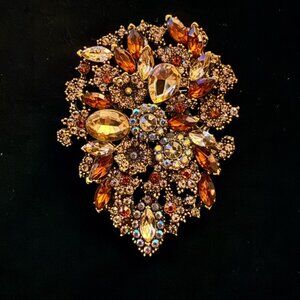 Large Amber Topaz Rhinestone Brooch Pin Pendant Gold Tone